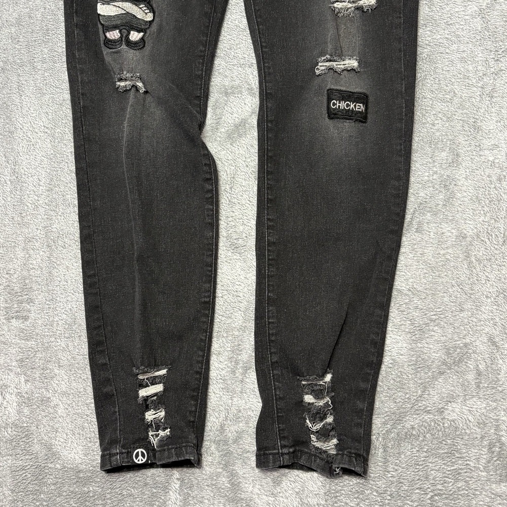 Black Distressed Skinny Jeans XXL Patches Graphic Streetwear Stretch Denim - Picture 3 of 12